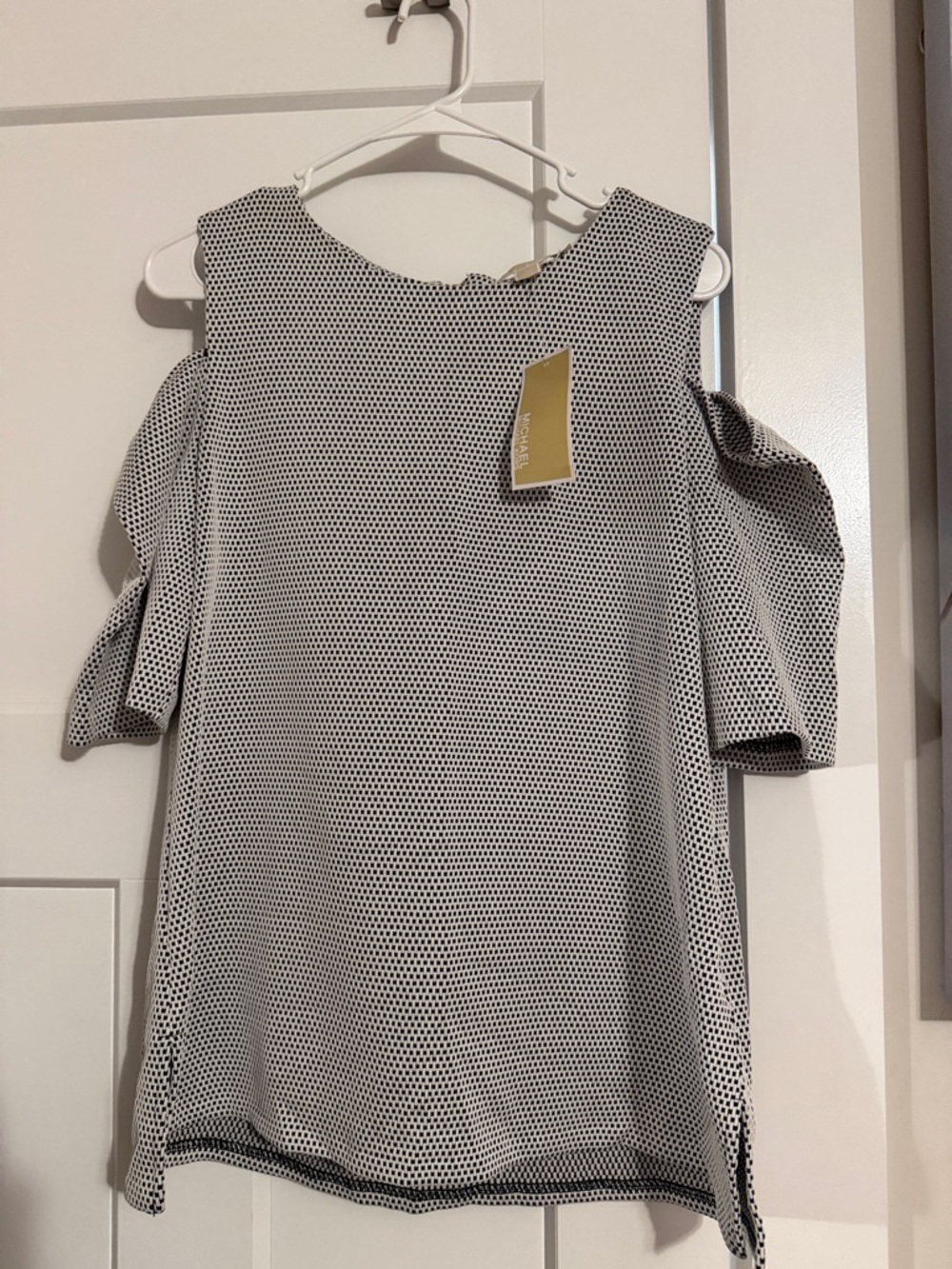 Michael Kors Black & White Cold-Shoulder Dot Blouse